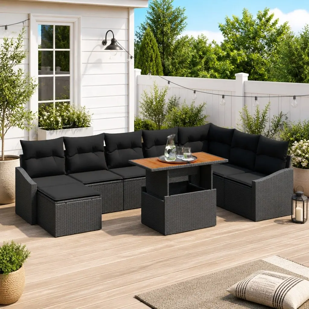 Modular Rattan Outdoor Garden Sofa Set 9 Pieces Black with Storage