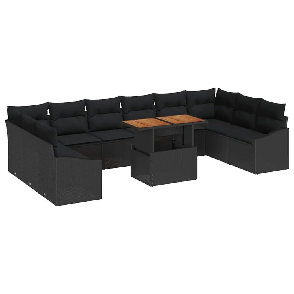 Outdoor Sofa Set Modular Poly Rattan Powder Coated Steel Acacia Wood 11 Piece Black