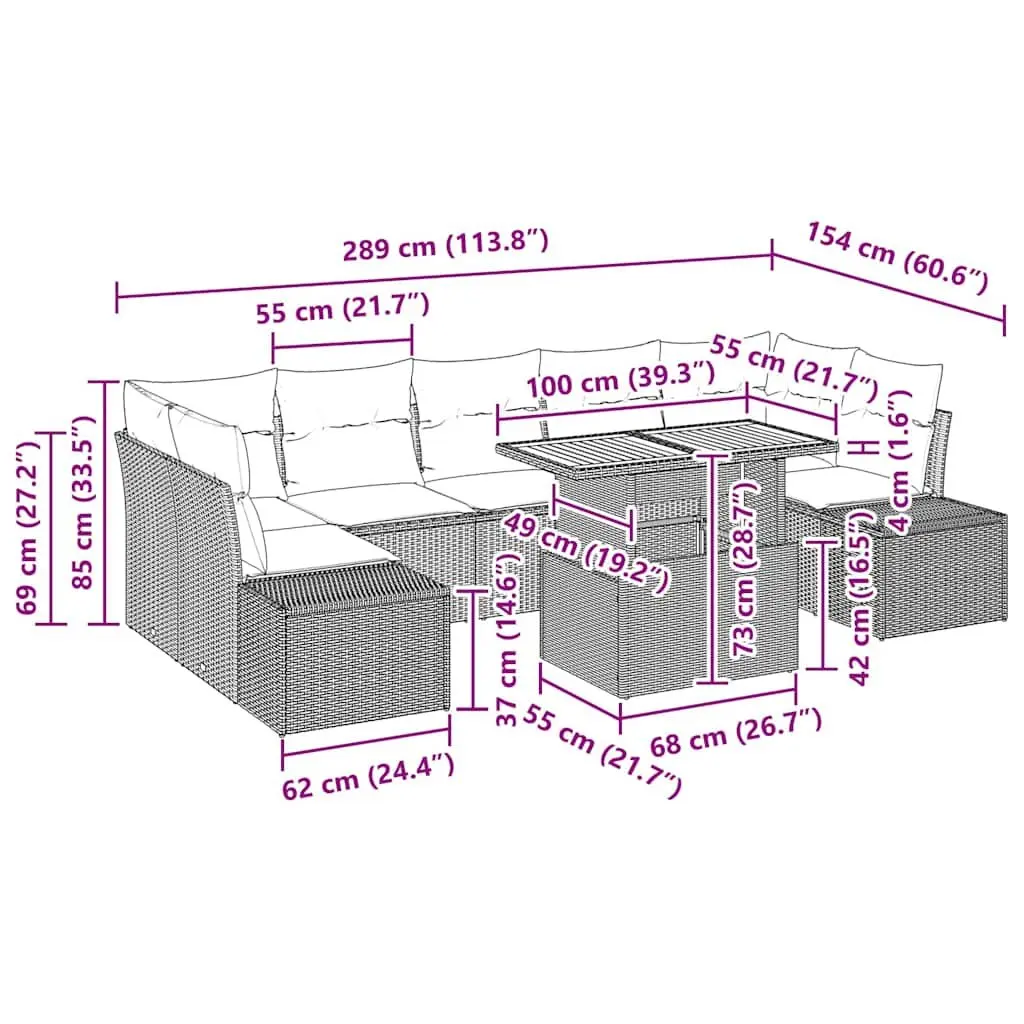 8 Piece Modular Rattan Garden Sofa Set Black Poly Rattan Powder Coated Steel Frame Solid Acacia Wood