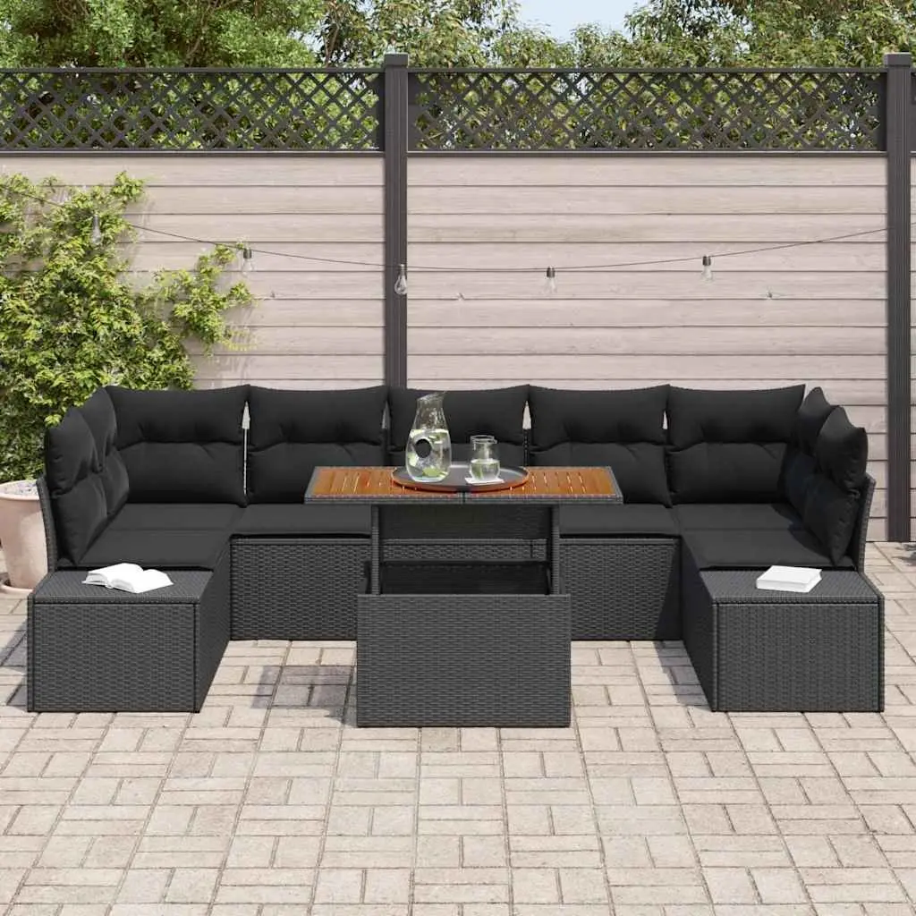8 Piece Modular Rattan Garden Sofa Set Black Poly Rattan Powder Coated Steel Frame Solid Acacia Wood