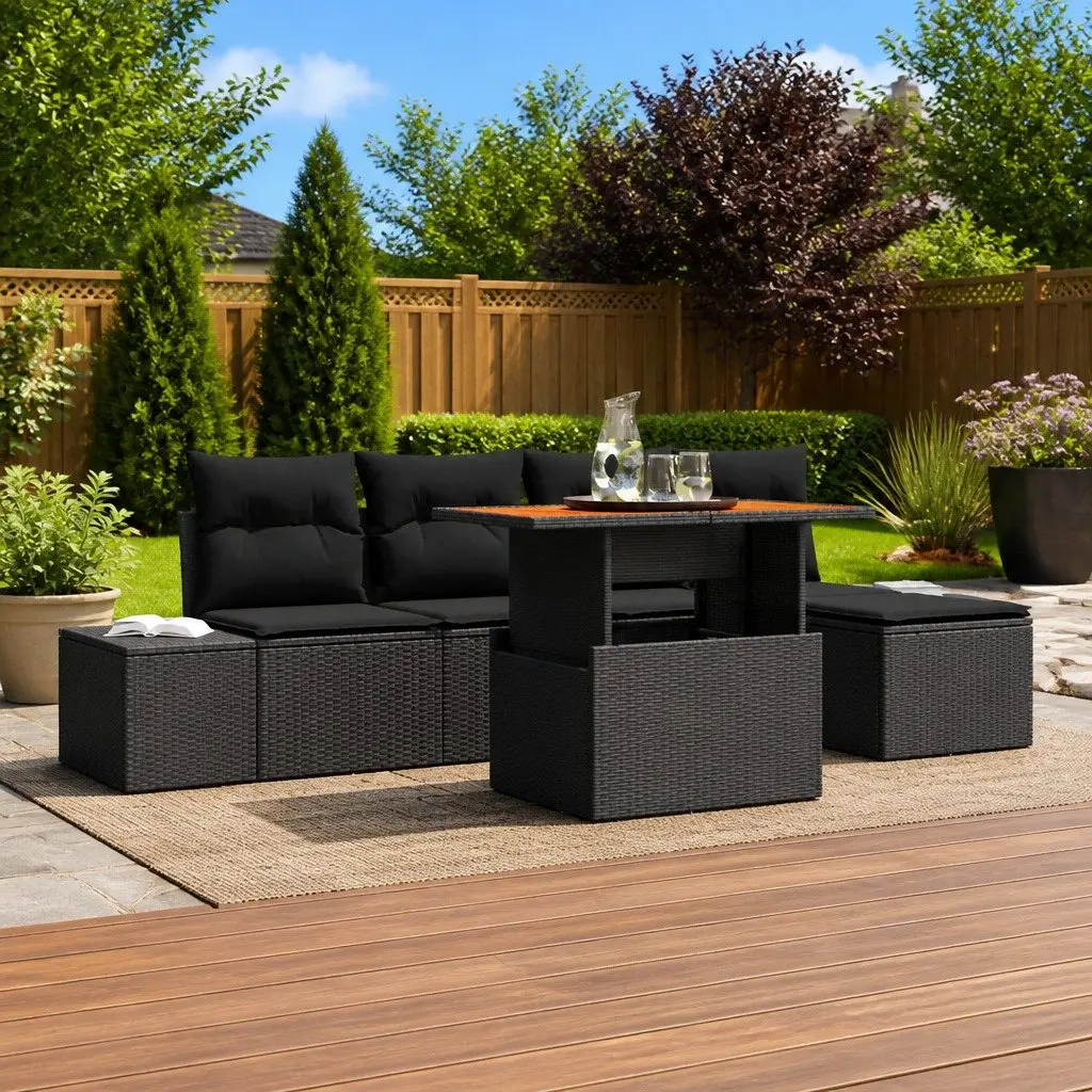 Outdoor Garden Sofa Set Modular Poly Rattan Powder-Coated Steel Solid Acacia Wood 6 Pieces Black