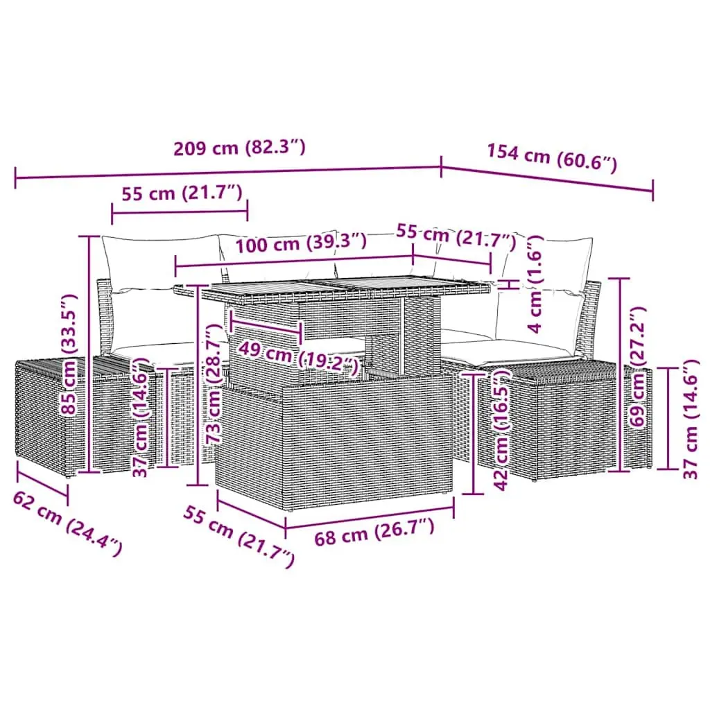 Outdoor Garden Sofa Set 5pcs Modular Rattan Lounge Seating Black Furniture