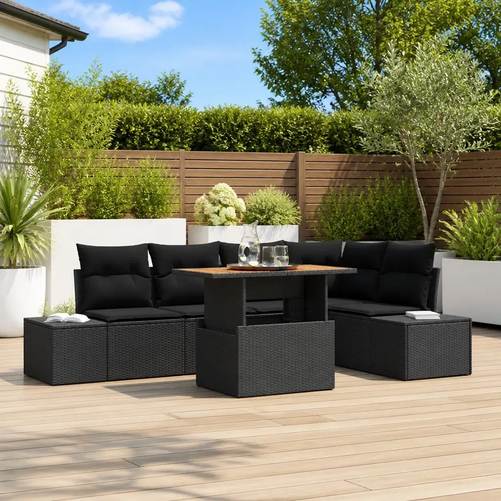 Garden Sofa Set Modular Poly Rattan 6 Piece Outdoor Sectional Black