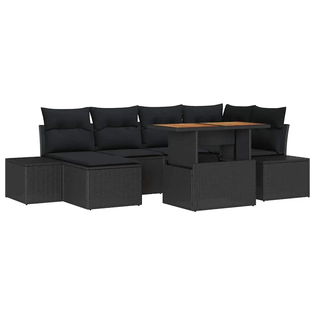 7 Piece Modular Rattan Patio Sofa Set with Storage Black Poly Rattan Steel Frame and Acacia Wood Table for Outdoor Garden
