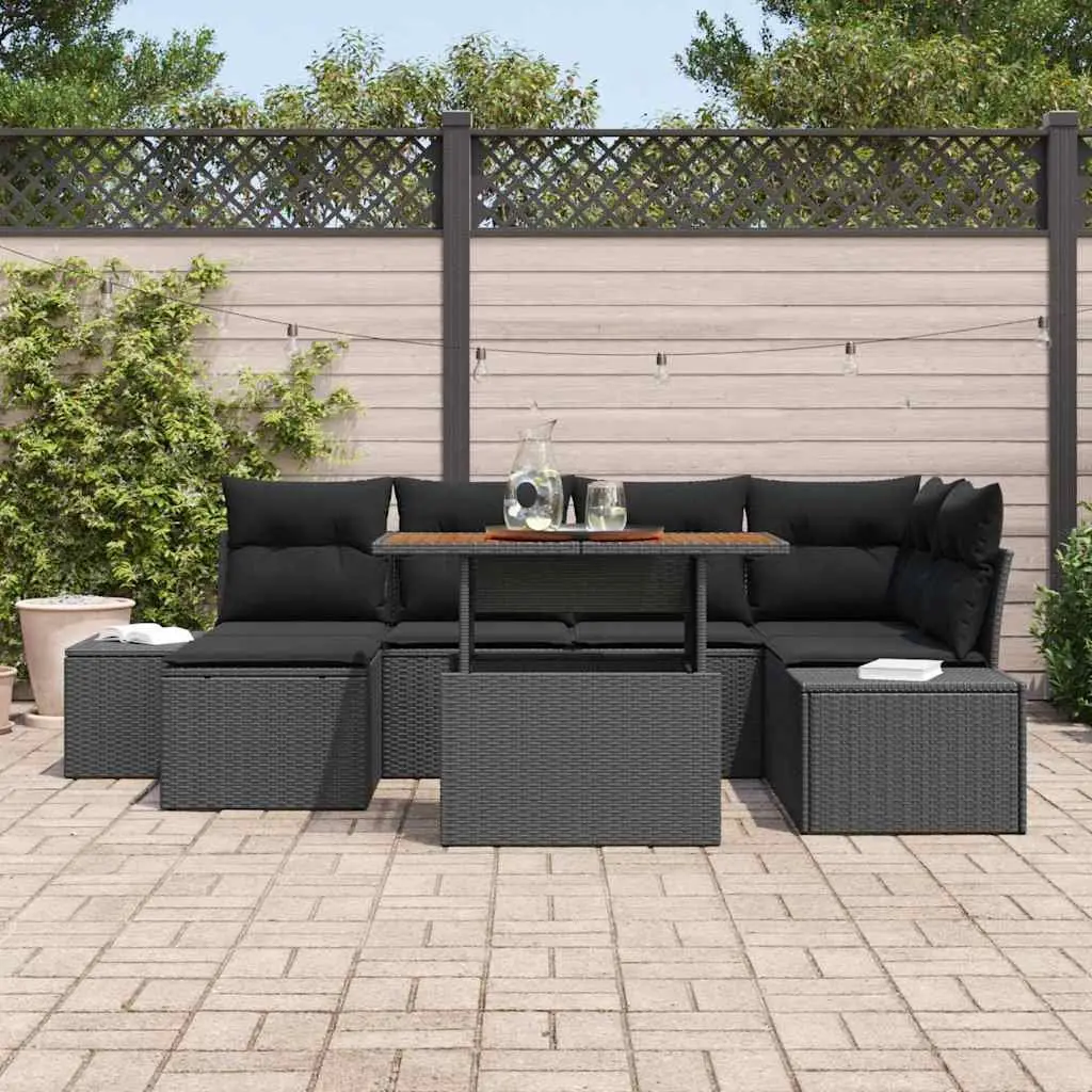7 Piece Modular Rattan Patio Sofa Set with Storage Black Poly Rattan Steel Frame and Acacia Wood Table for Outdoor Garden