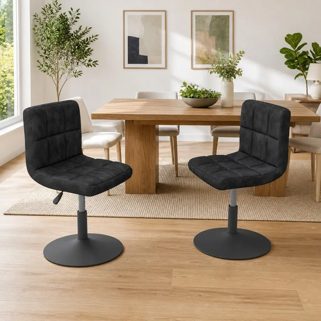 Set of 2 Swivel Chairs Black Velvet Adjustable Height 360 Degree Rotation Dining Seating
