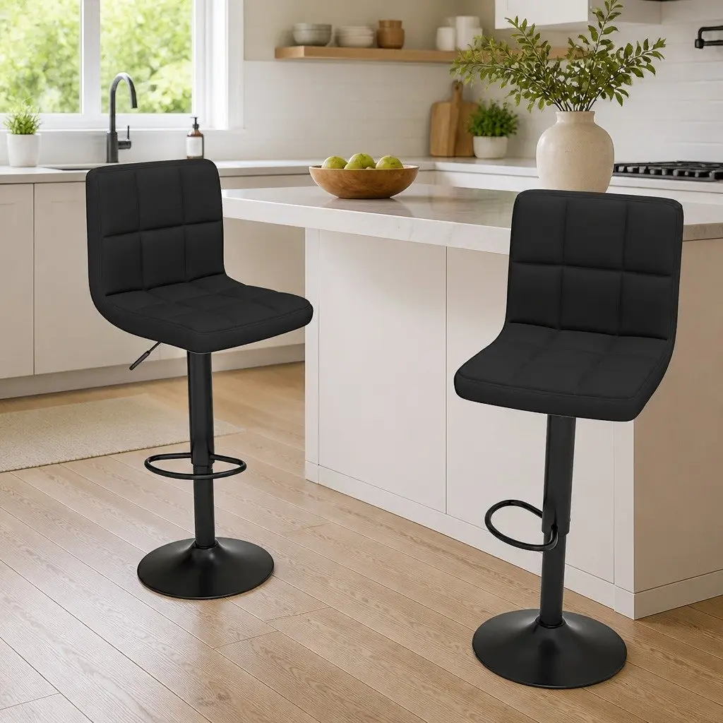 Black Fabric Adjustable Swivel Bar Stools Counter Height 2 Piece Set