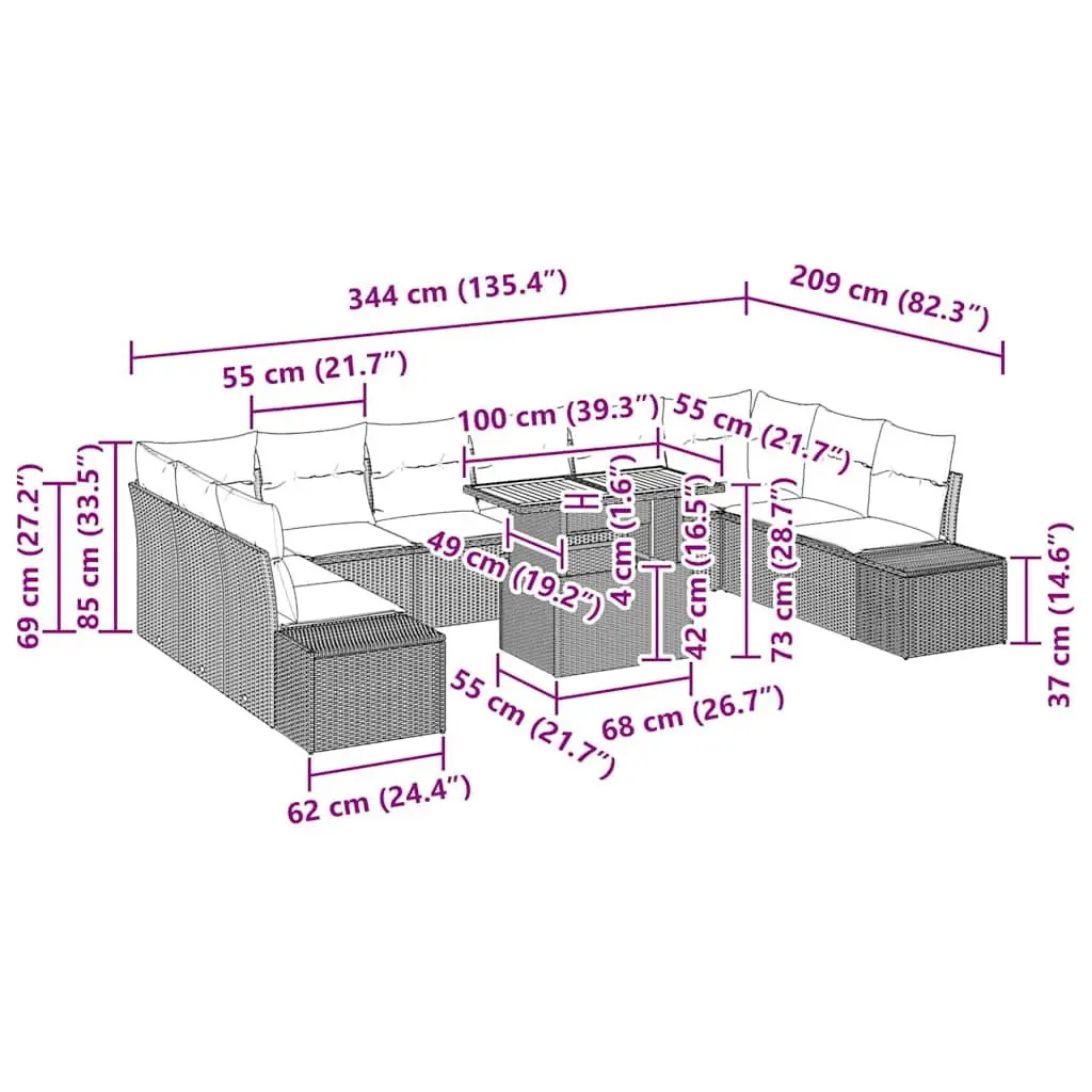 Outdoor Garden Sofa Set 11 pcs Black Patio Furniture Rattan Sectional with
