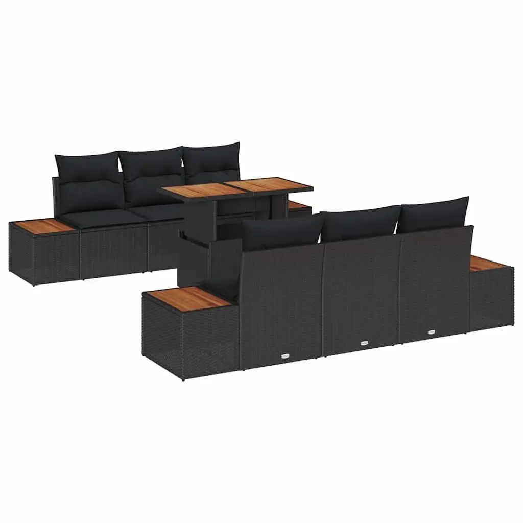 Garden Sofa Set 7 Piece Modular Black Poly Rattan with Steel Frame and Acacia Wood for Outdoor Patio Furniture