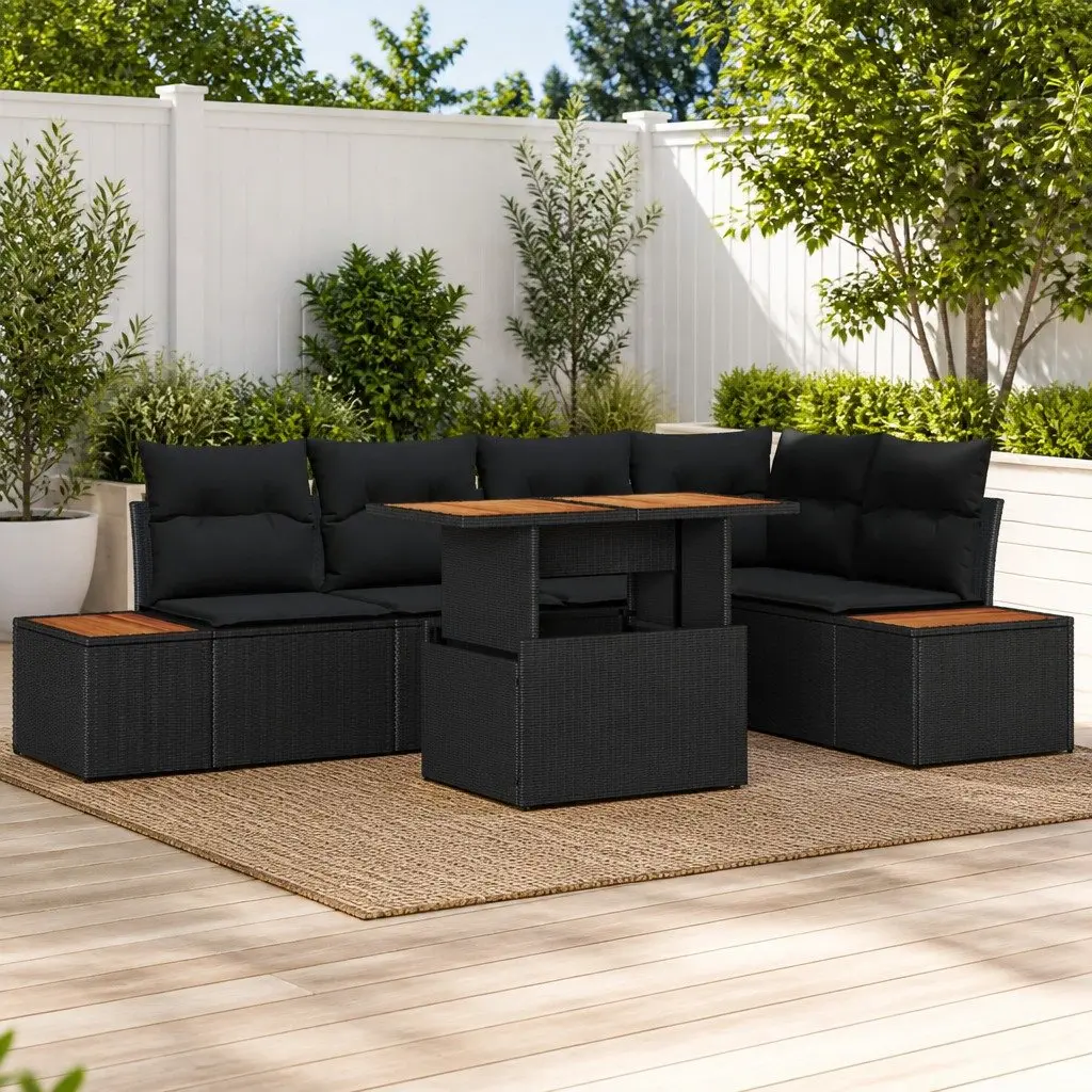 Modular Garden Sofa Set 6 Piece Poly Rattan Steel Acacia Wood Black