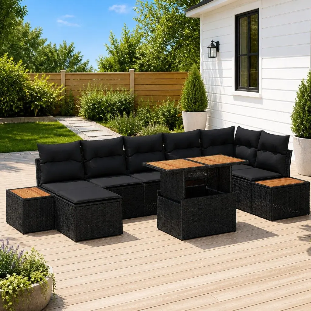 Modular Patio Sofa Set Black Acacia Wood 8 Pieces Poly Rattan Outdoor Seating