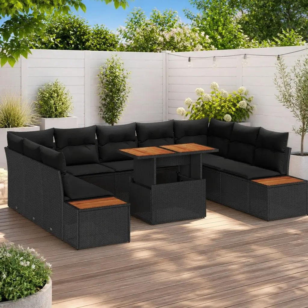 10 Piece Modular Outdoor Garden Sofa Set Poly Rattan Powder Coated Steel Acacia Wood Black Brown