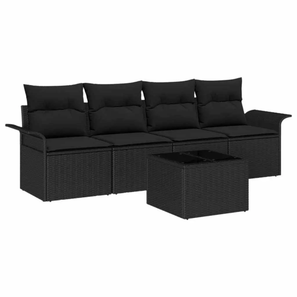 Outdoor Garden Sofa Set Modular Poly Rattan 5 Piece Black with Cushions and Glass Table