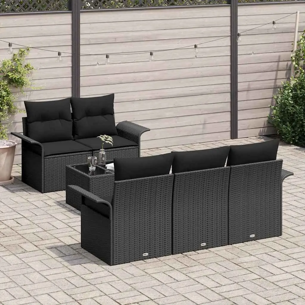 Outdoor Garden Sofa Set Poly Rattan Steel Frame Glass Table 6 Pieces Black