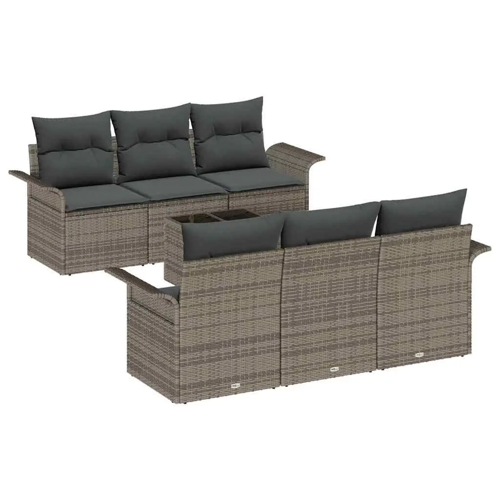 Outdoor Garden Sofa Set 7 pcs Modular Seating Grey Poly Rattan with Glass Table
