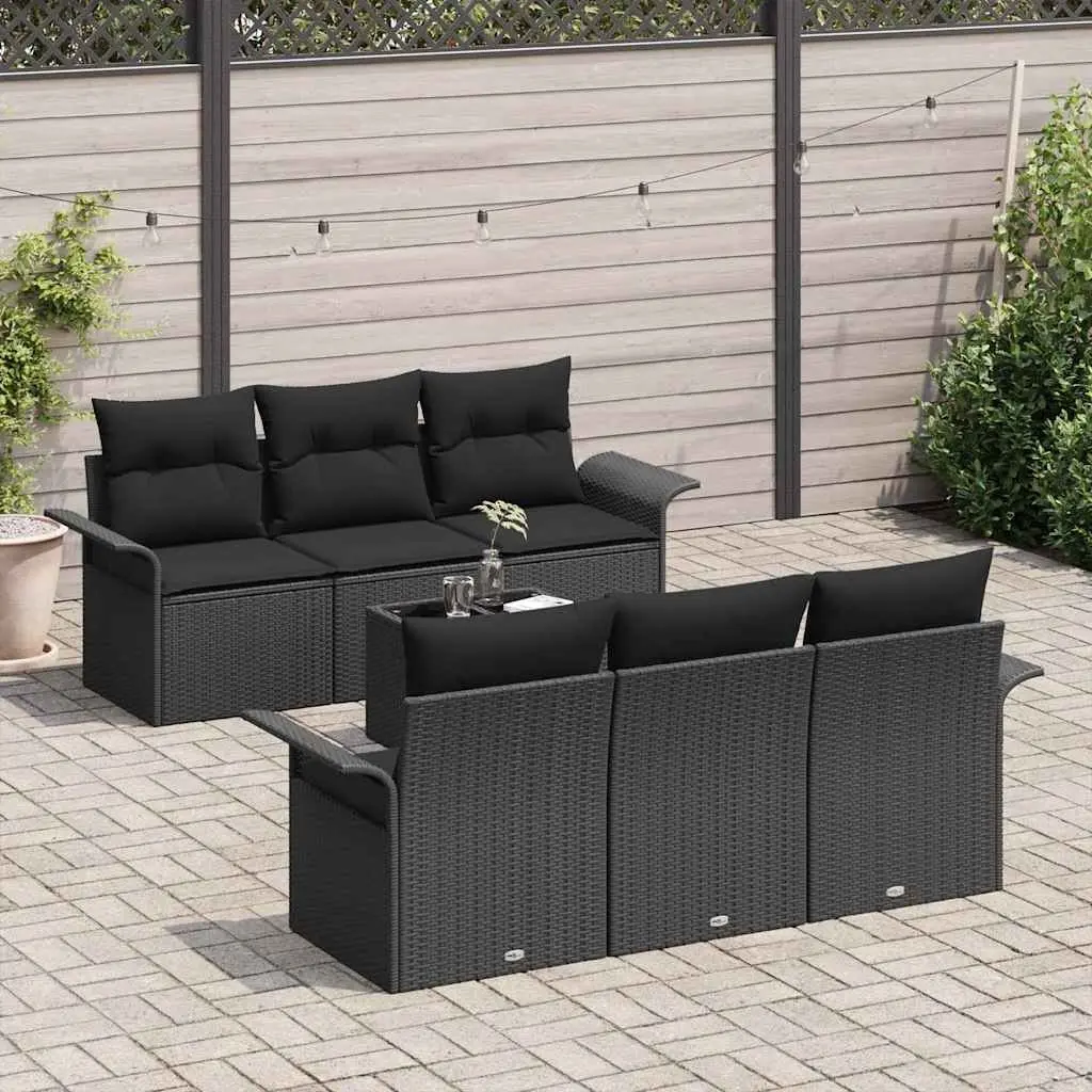 7 Piece Outdoor Sofa Set Modular Black Poly Rattan with Glass Table