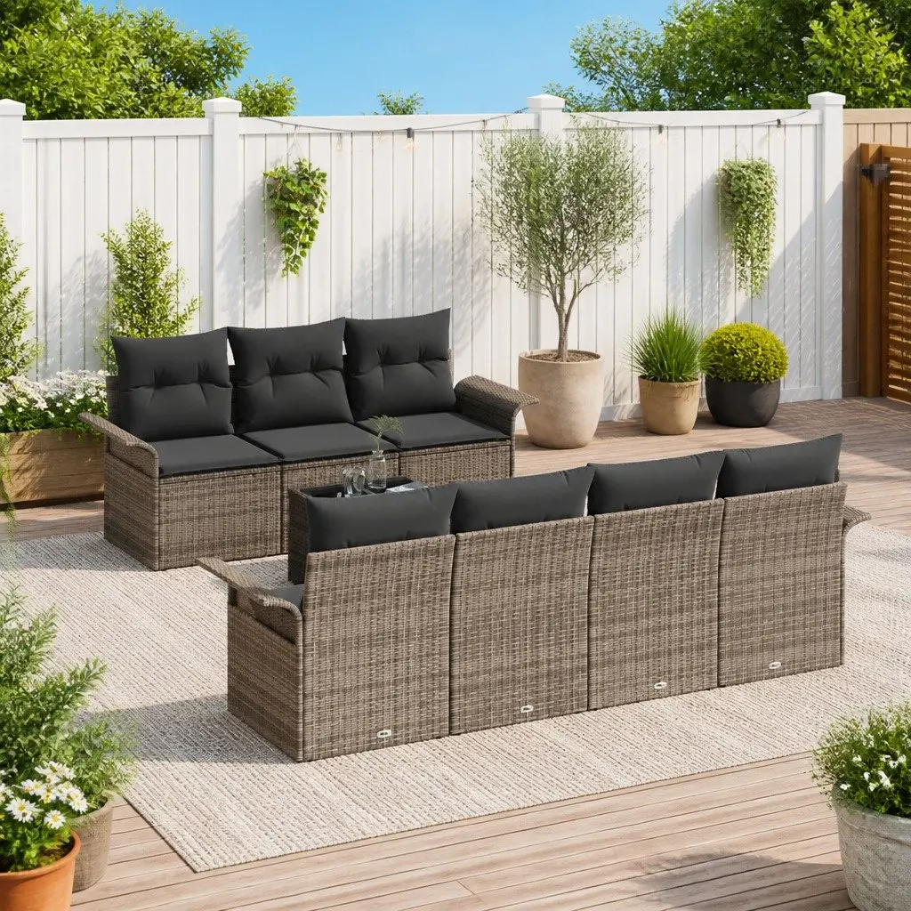 Modular Garden Sofa Set 8 Pcs Grey Poly Rattan Outdoor Furniture with Glass