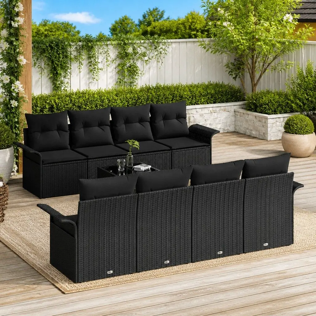 Modular Garden Sofa Set Poly Rattan 9 Pieces Black Outdoor Seating with Cushions
