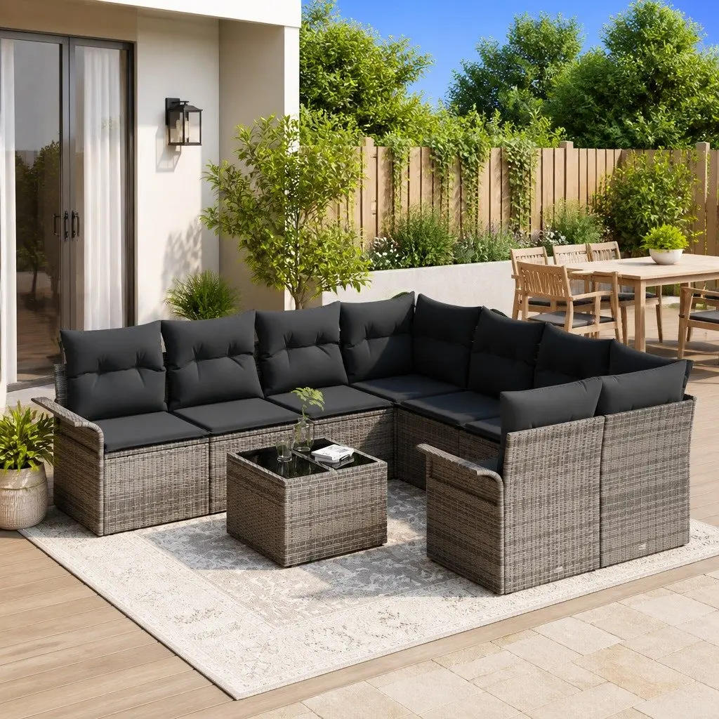 Garden Sofa Set Modular Outdoor Lounge Seating 9 Piece Grey Poly Rattan with Glass Table