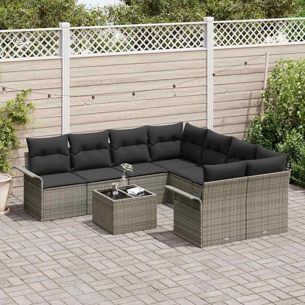 Garden Sofa Set Modular Outdoor Lounge Seating 9 Piece Grey Poly Rattan with Glass Table