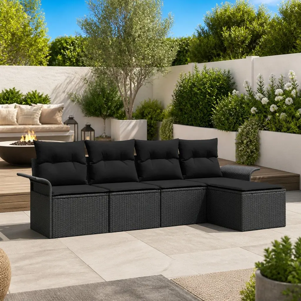 5 Piece Black Outdoor Patio Furniture Modular Sofa Set with Steel Frame and Tempered Glass Table