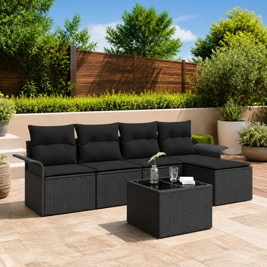 Modular Garden Sofa Set Poly Rattan Steel Frame 6 Piece Black