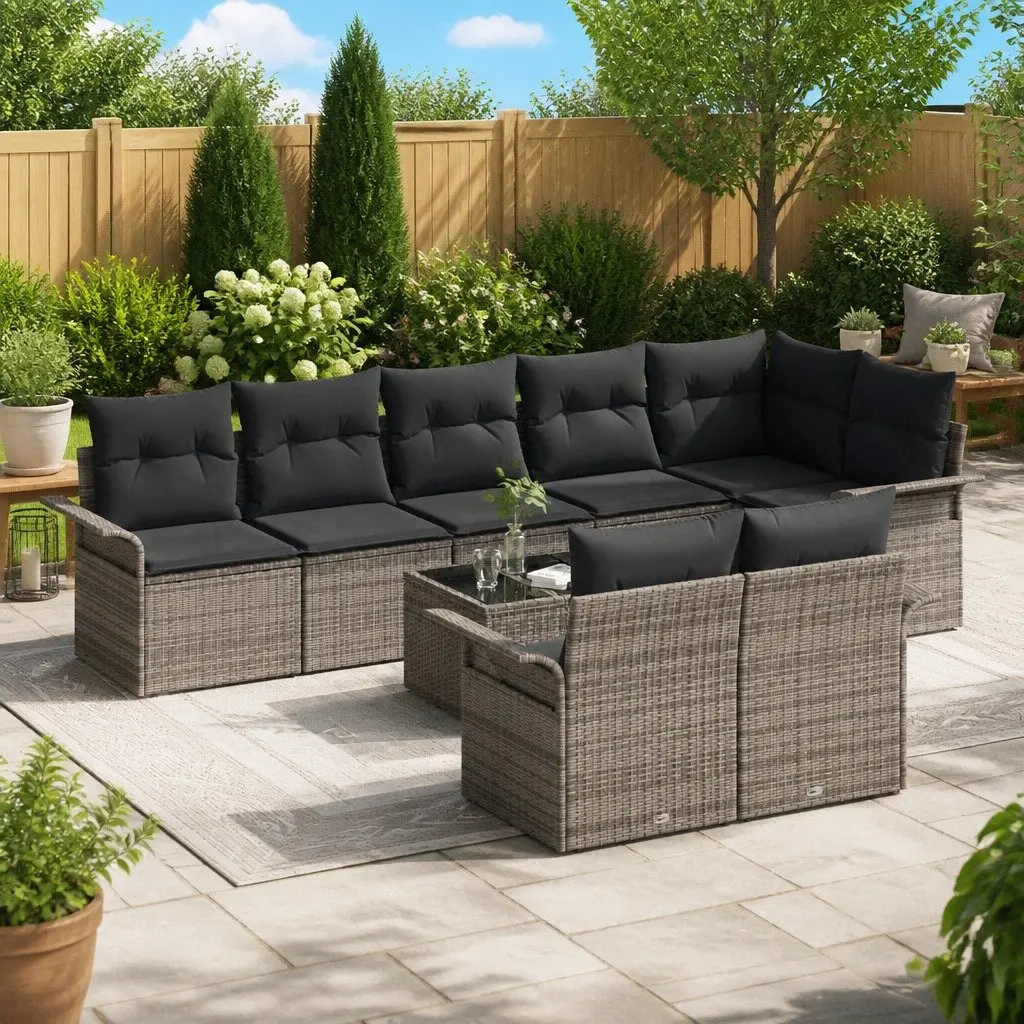 Modular Garden Sofa Set Poly Rattan 9 Pieces Grey Outdoor Furniture with Storage