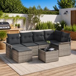 Garden Sofa Set 7 pcs Modular Outdoor Furniture Grey Poly Rattan with Storage
