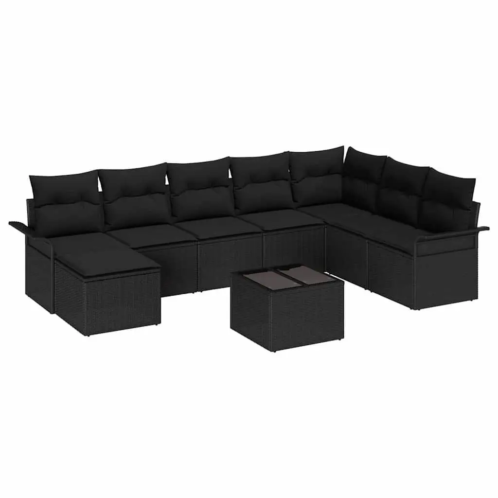 9 Piece Outdoor Furniture Set Modular Sofa Black Poly Rattan Removable Cushions
