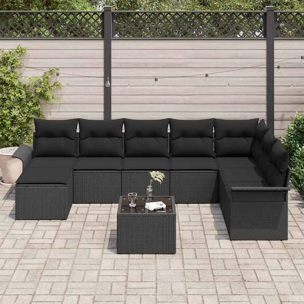 9 Piece Outdoor Furniture Set Modular Sofa Black Poly Rattan Removable Cushions