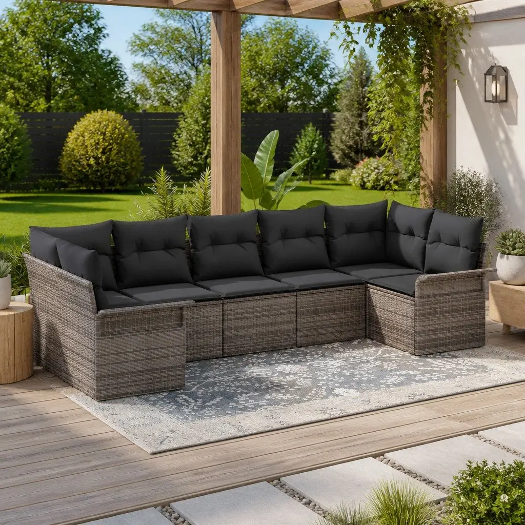Garden Sofa Set Poly Rattan 7 Pieces Outdoor Furniture Grey Modular Seating