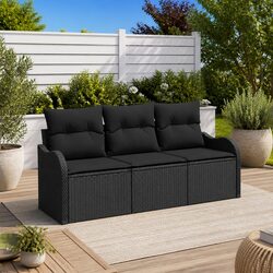 Outdoor Garden Sofa Set 3 Piece Black Poly Rattan Modular Lounge with Storage