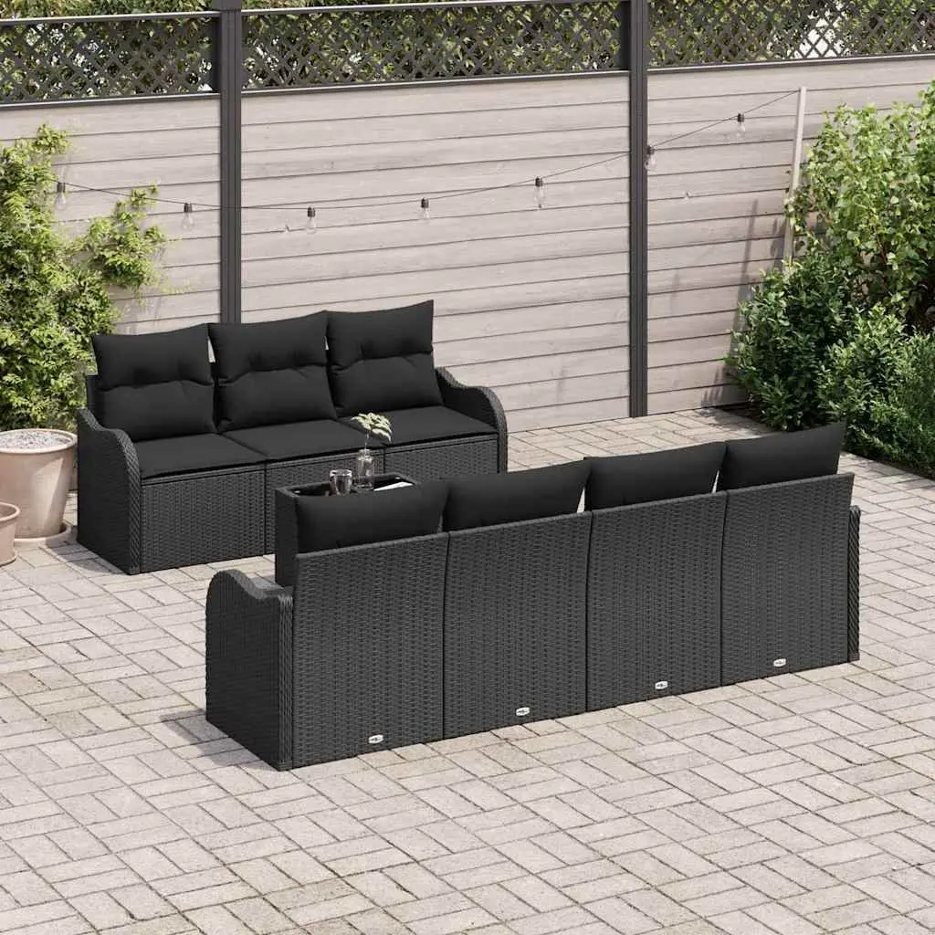 Outdoor Garden Sofa Set Modular Black Poly Rattan Steel 8 Piece with Glass Table