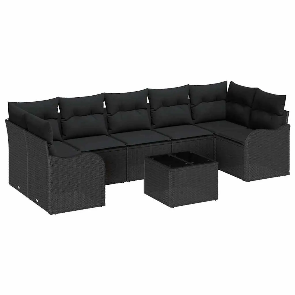 8 Piece Modular Outdoor Sofa Set Black Poly Rattan Steel Tempered Glass Table