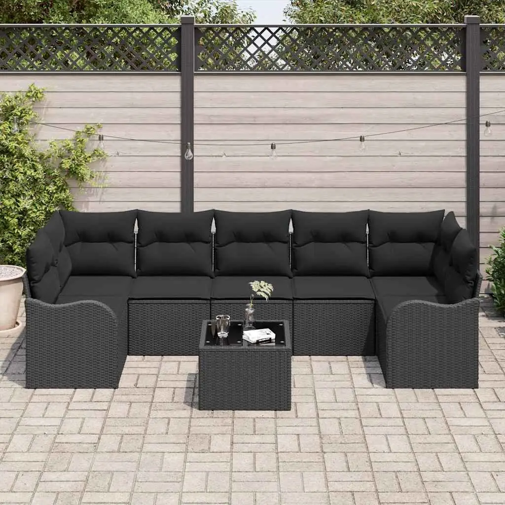 8 Piece Modular Outdoor Sofa Set Black Poly Rattan Steel Tempered Glass Table