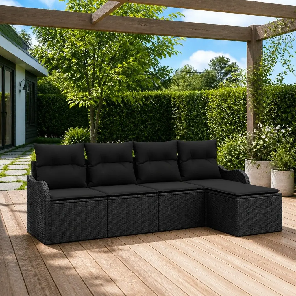 5 Piece Modular Outdoor Sofa Set Black Poly Rattan with Storage Compartments
