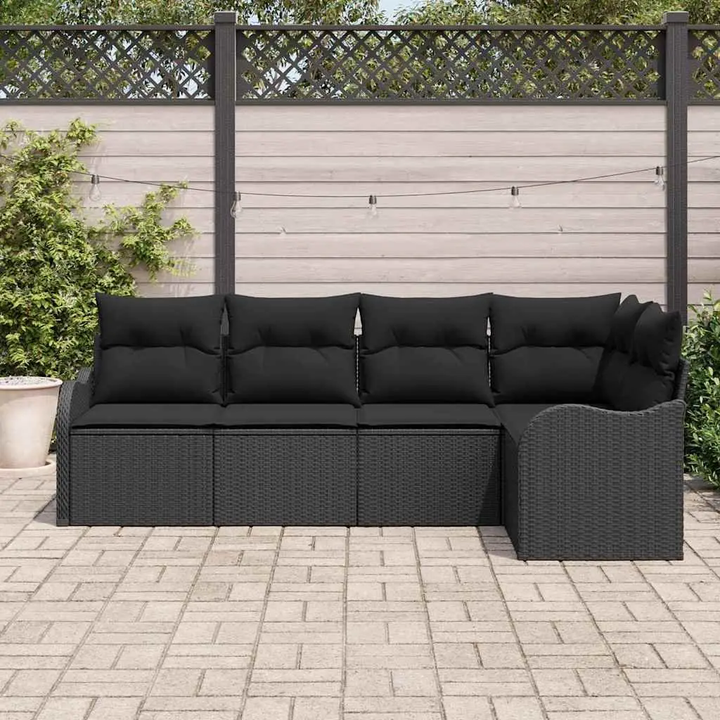 5 Piece Modular Rattan Garden Sofa Set with Storage Black Poly Rattan and Powder-coated Steel Frame