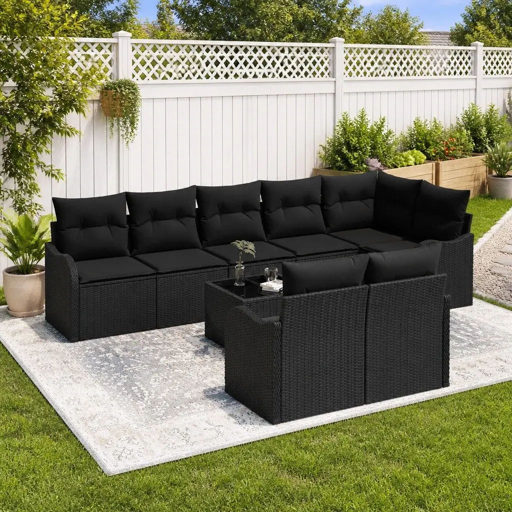 Modular Outdoor Furniture Set 9 Pieces Black Poly Rattan with Storage Garden Sofa