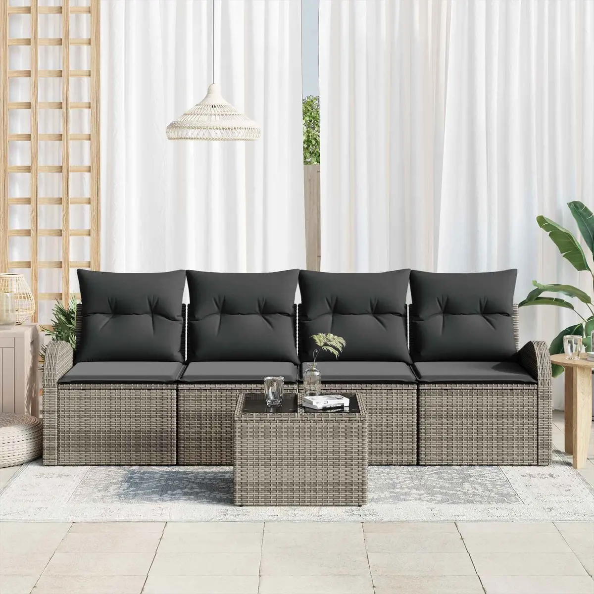 Outdoor Garden Sofa Set Modular Poly Rattan 5 Piece Grey