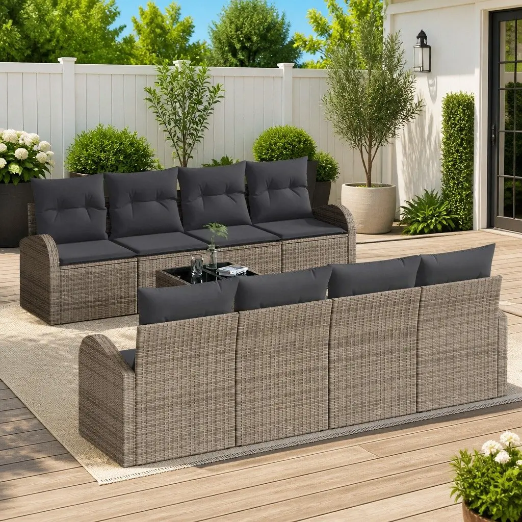 Garden Sofa Set Modular Poly Rattan 9 Pieces Grey Outdoor Seating with Storage