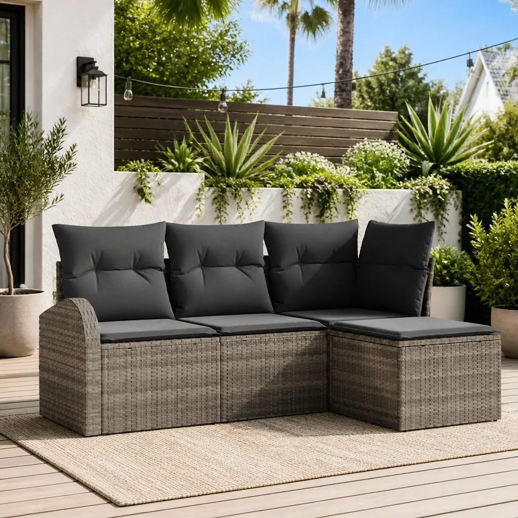Outdoor Sofa Set 4 Piece Poly Rattan Grey Garden Furniture