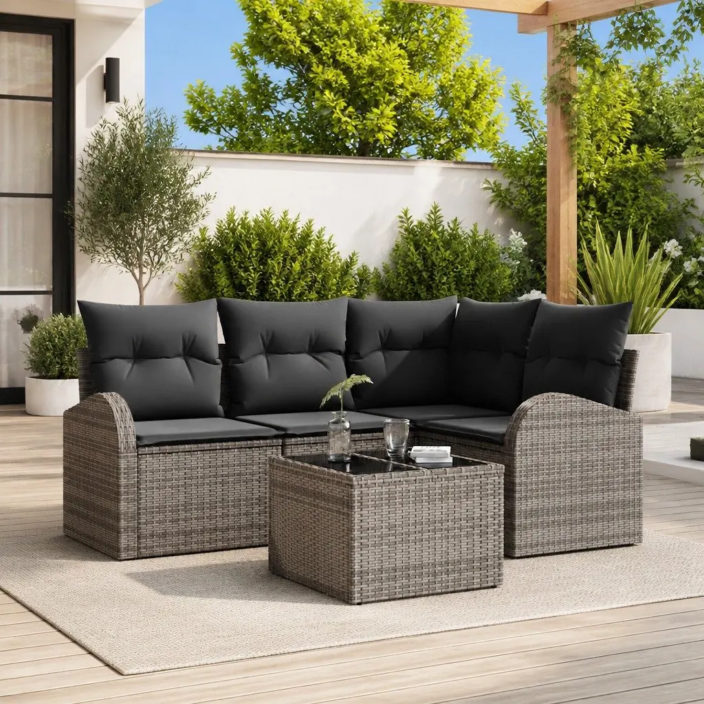 Garden Sofa Set Modular Outdoor Furniture 5 Pieces Grey Poly Rattan