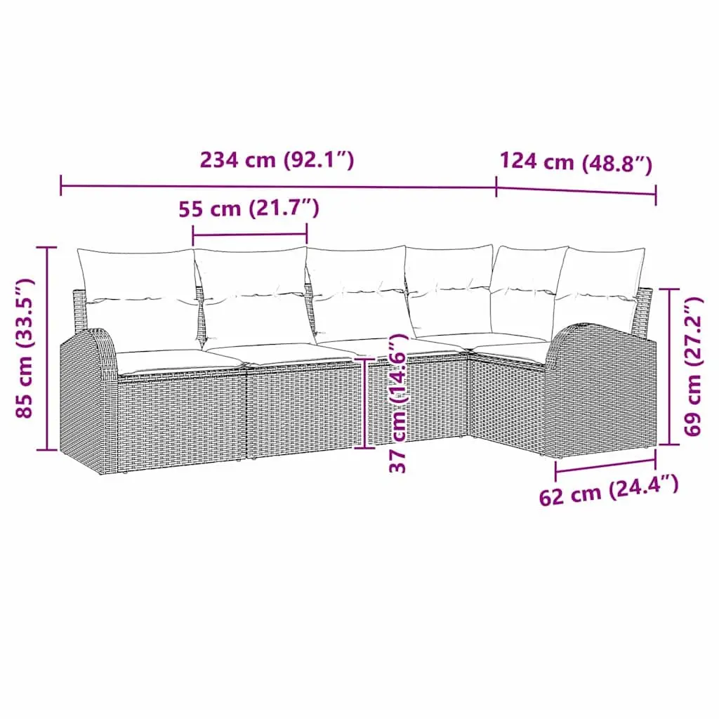 Garden Sofa Set 5 Pieces Grey Poly Rattan Modular Outdoor Furniture Patio