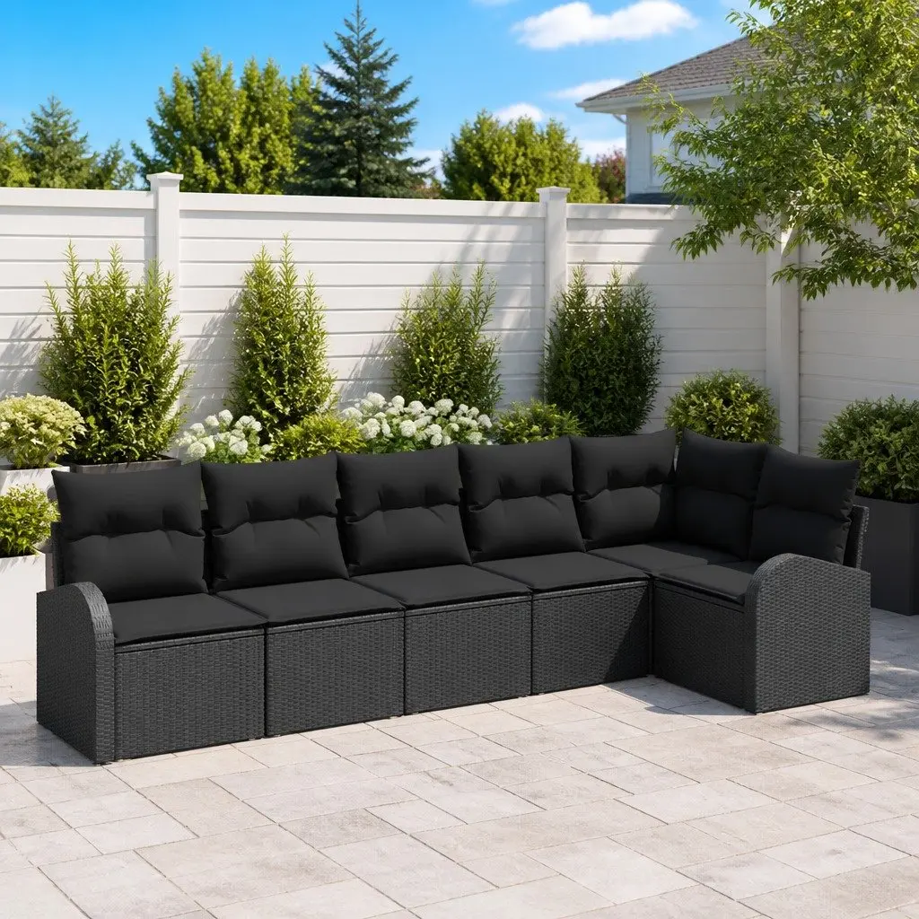 Garden Sofa Set Poly Rattan 6 Piece Black Outdoor Furniture with Cushions