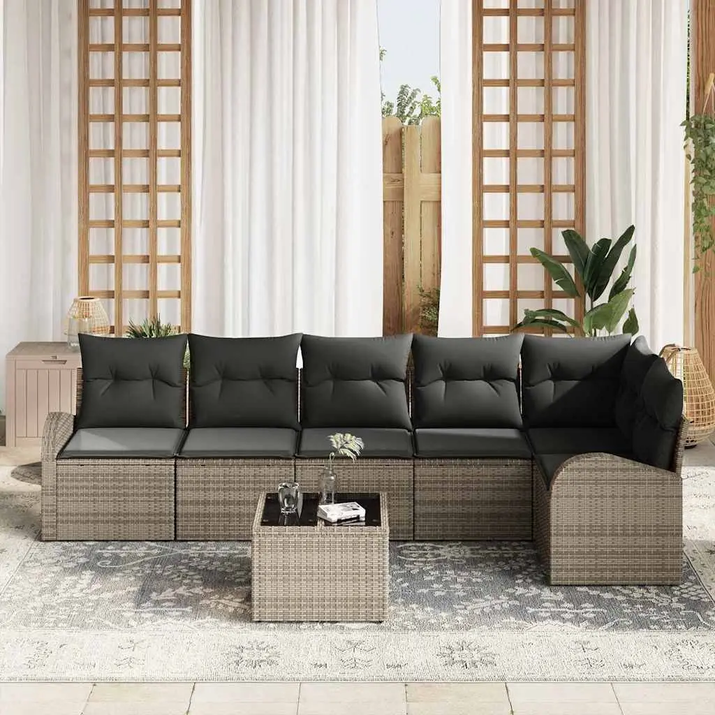 Garden Sofa Set 7 Pieces Grey Poly Rattan Outdoor Furniture Patio Lounge Cushion