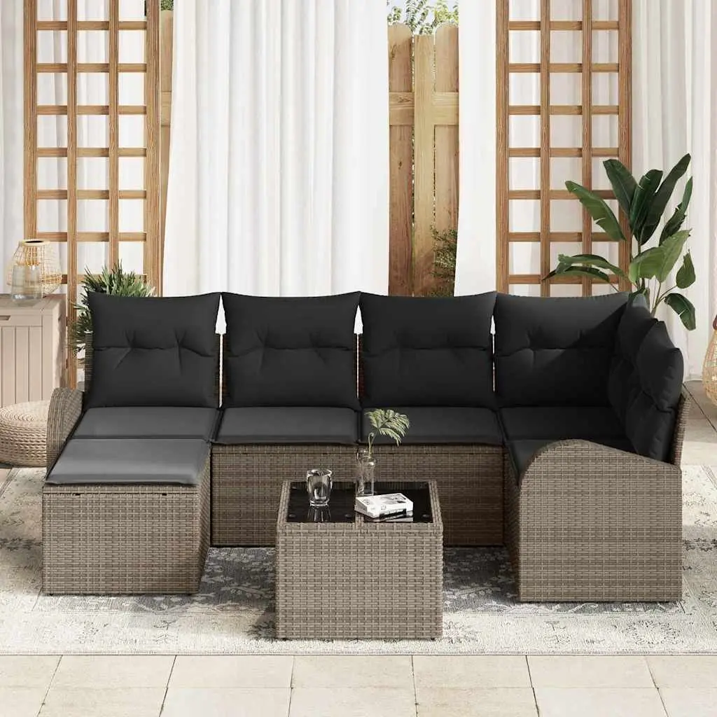Modular Outdoor Garden Sofa Set 7-Piece Grey Poly Rattan with Storage Cushions