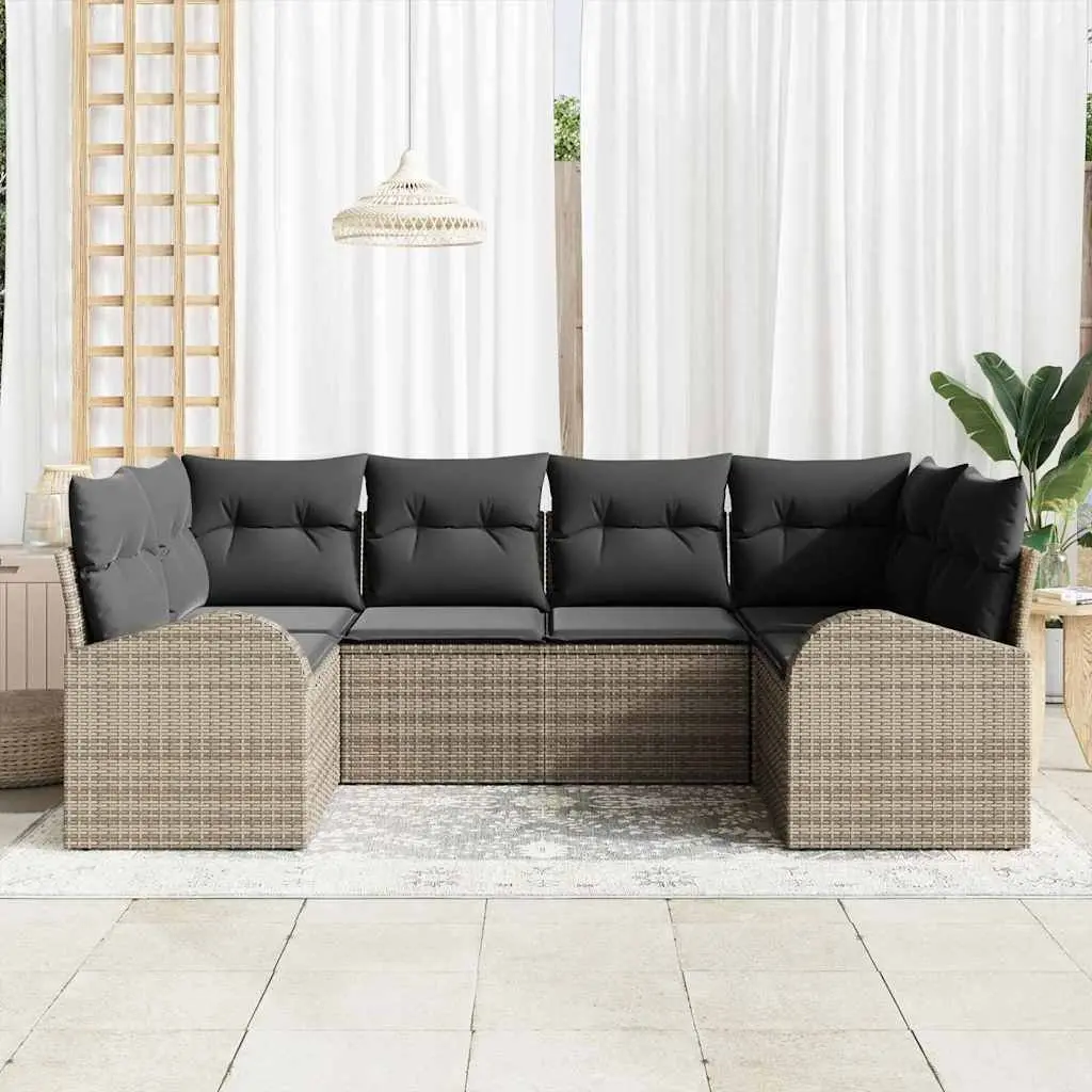 Outdoor Sofa Set Grey Poly Rattan 6 Piece Cushioned Furniture for Patio Garden Balcony