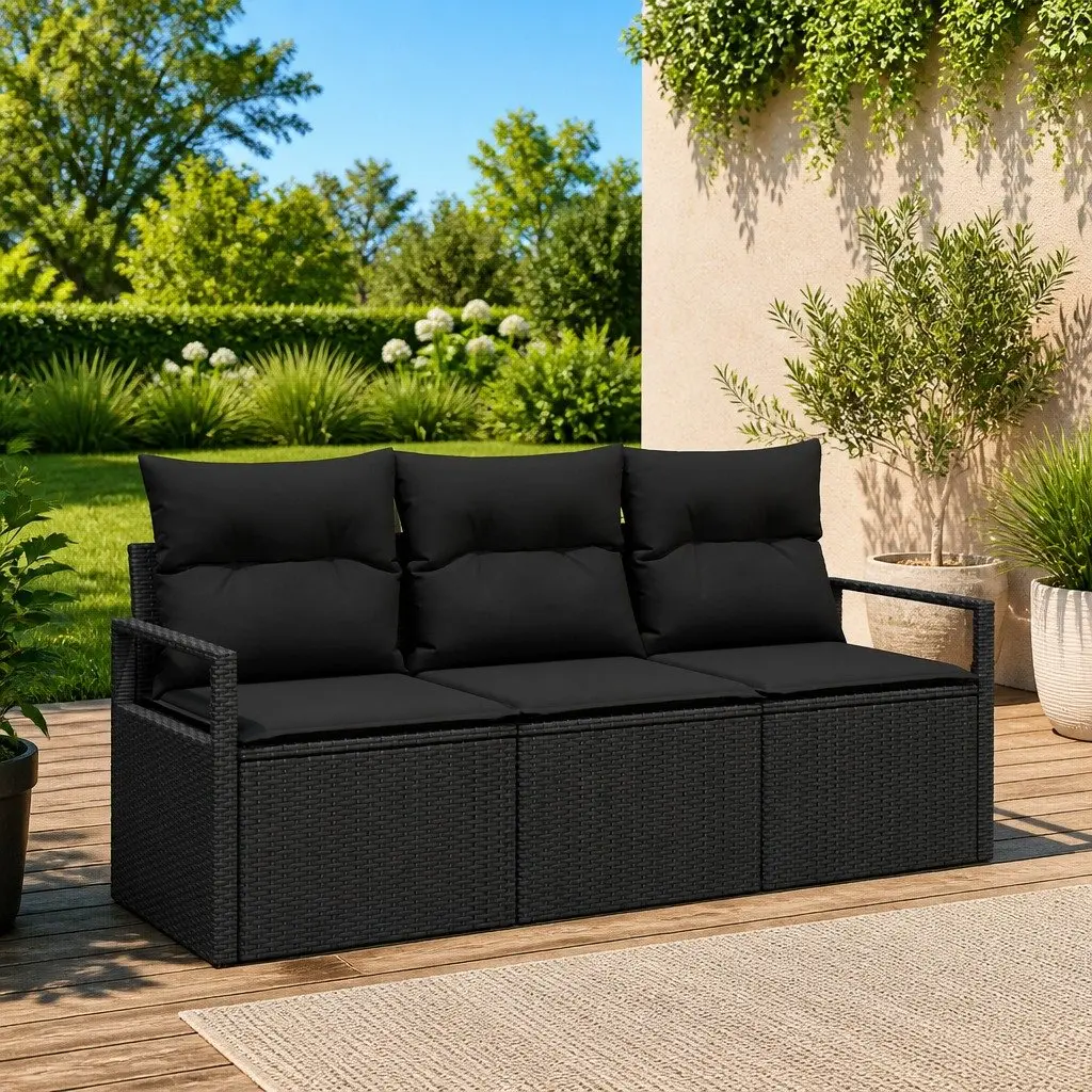 3 Piece Outdoor Garden Sofa Set Black Poly Rattan with Cushions