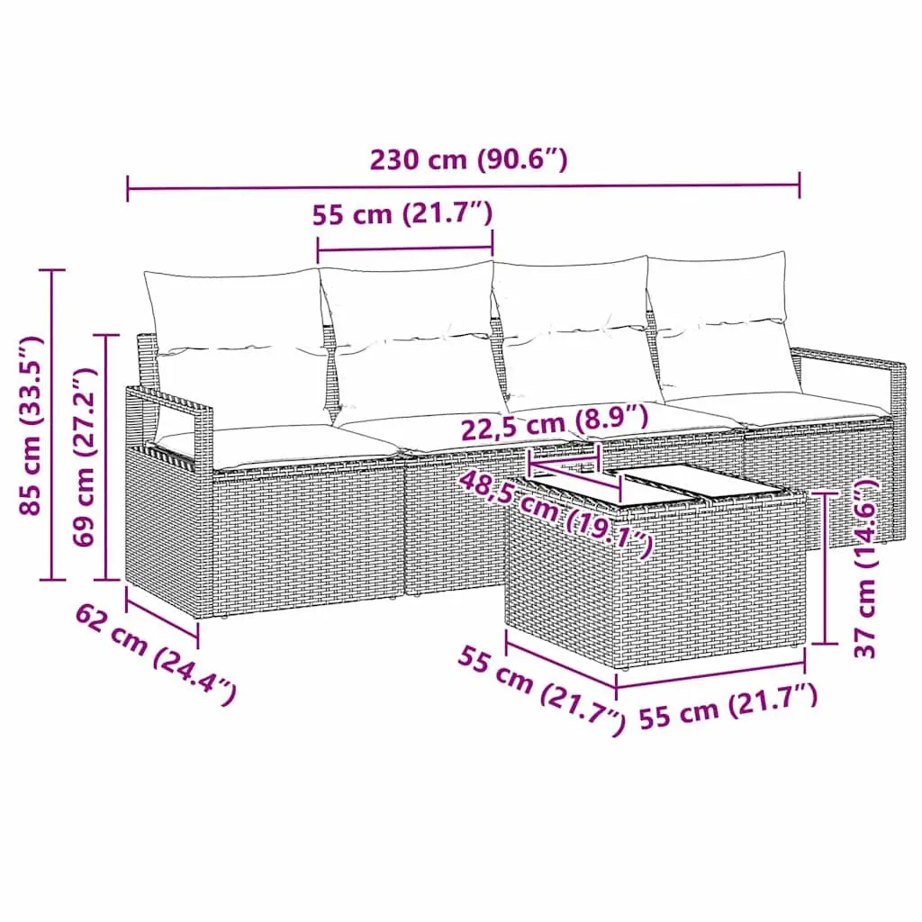 Outdoor Sofa Set Poly Rattan 5 Pieces Grey Garden Furniture