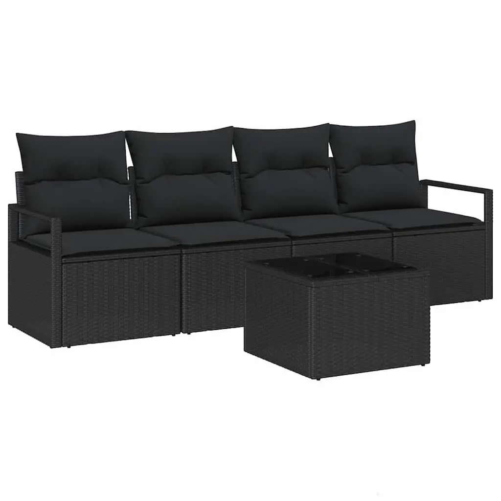 Outdoor Sofa Set Poly Rattan 5 Piece Black Garden Furniture with Storage Benches
